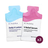 Two Kindra skincare products, Daily V Lotion and V Relief Serum, on a white background.