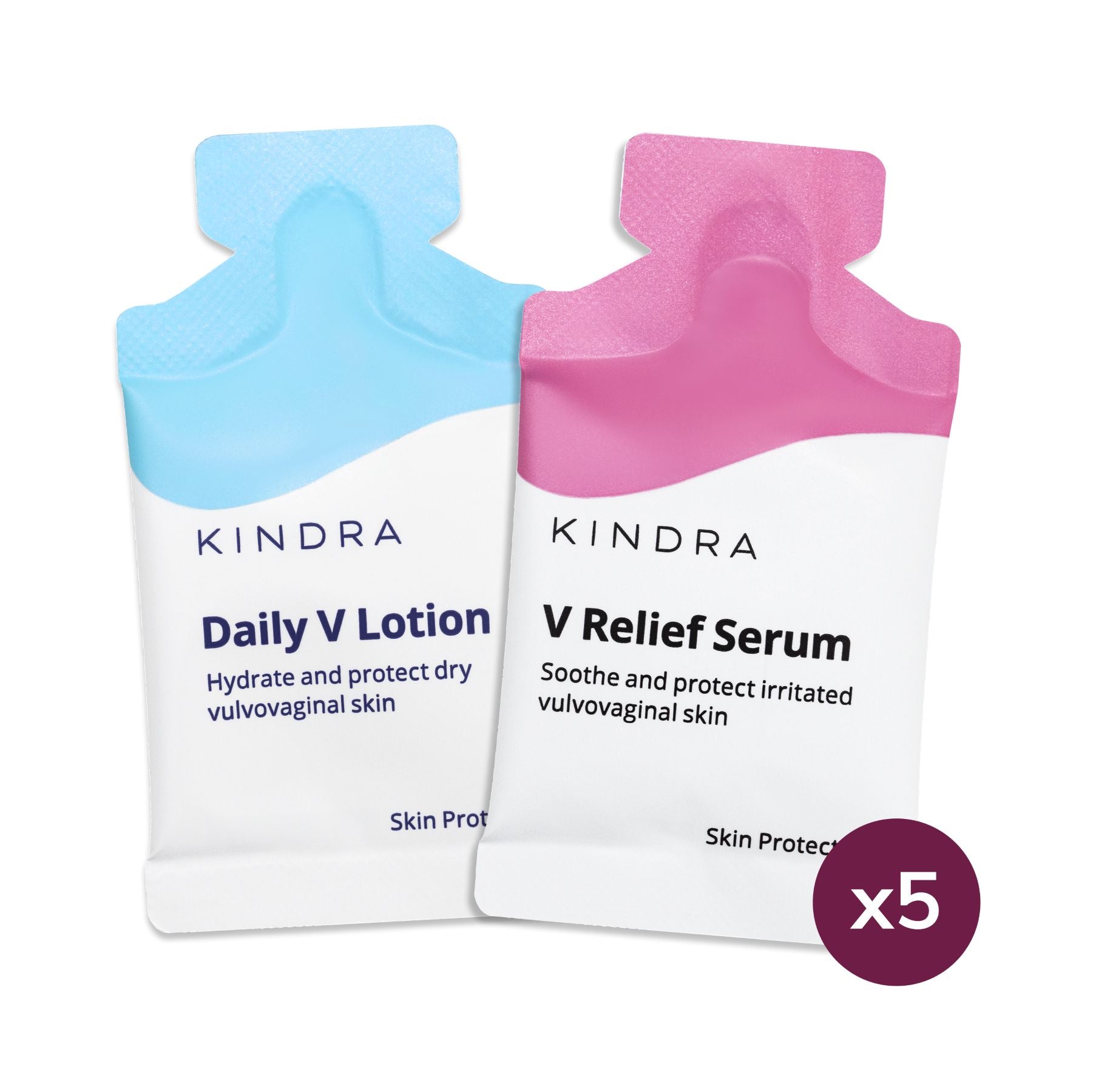 Two Kindra skincare products, Daily V Lotion and V Relief Serum, on a white background.