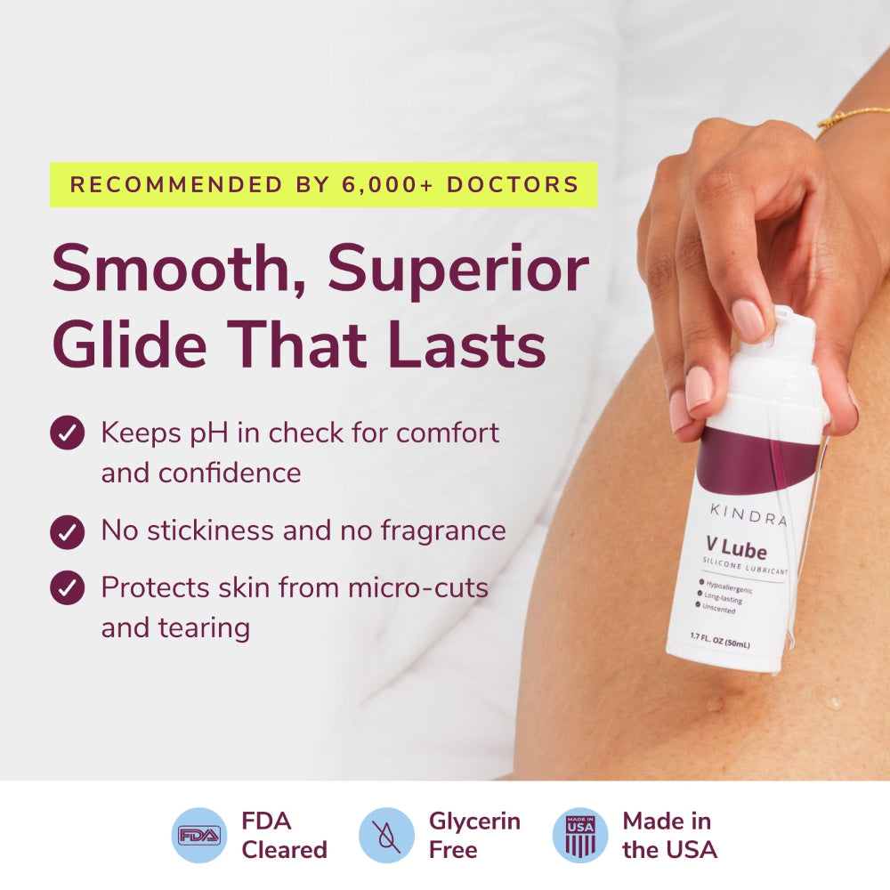 Kindra V Lube with a hand holding the product and text highlighting its benefits.