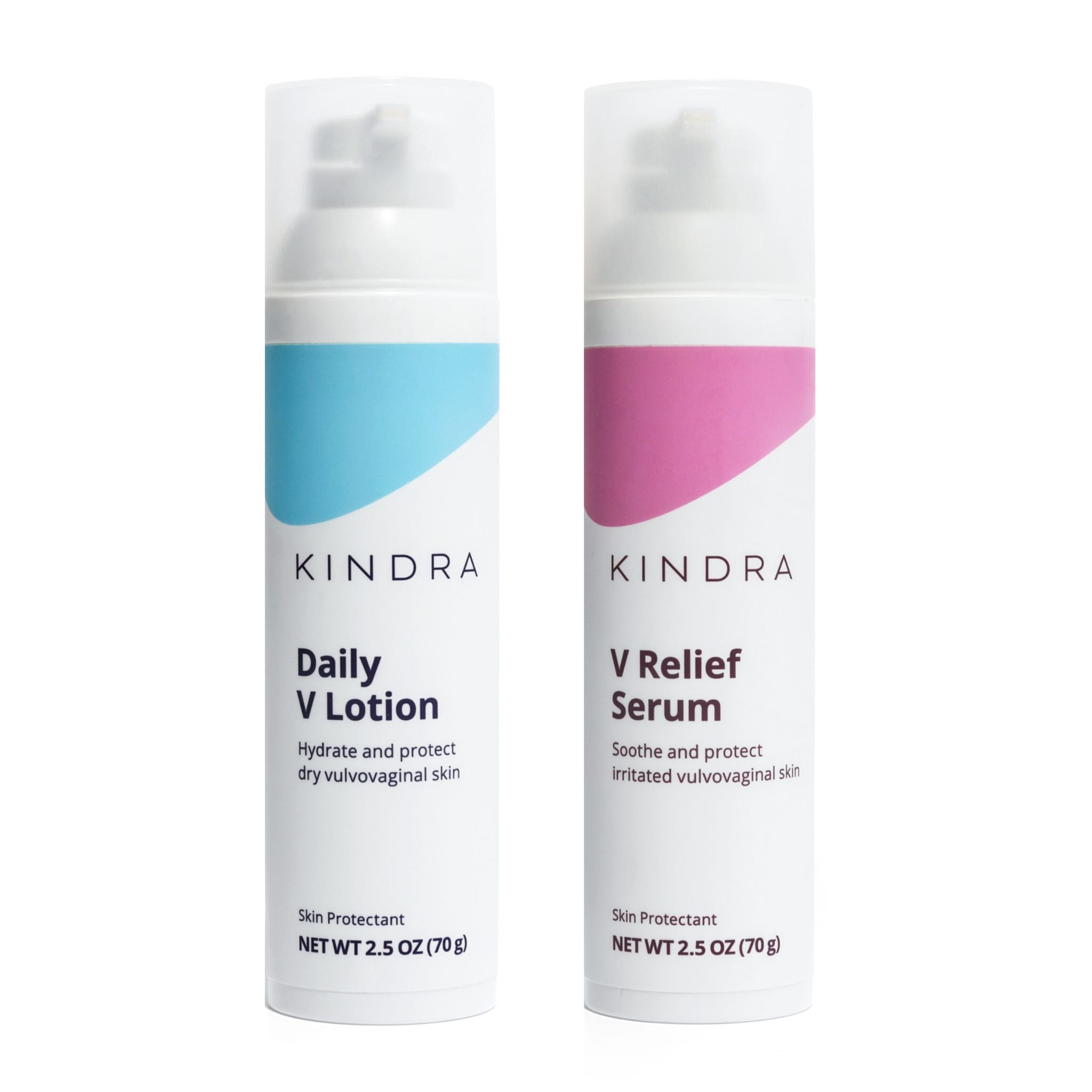 Two Kindra skincare products, Daily V Lotion and V Relief Serum, on a white background.